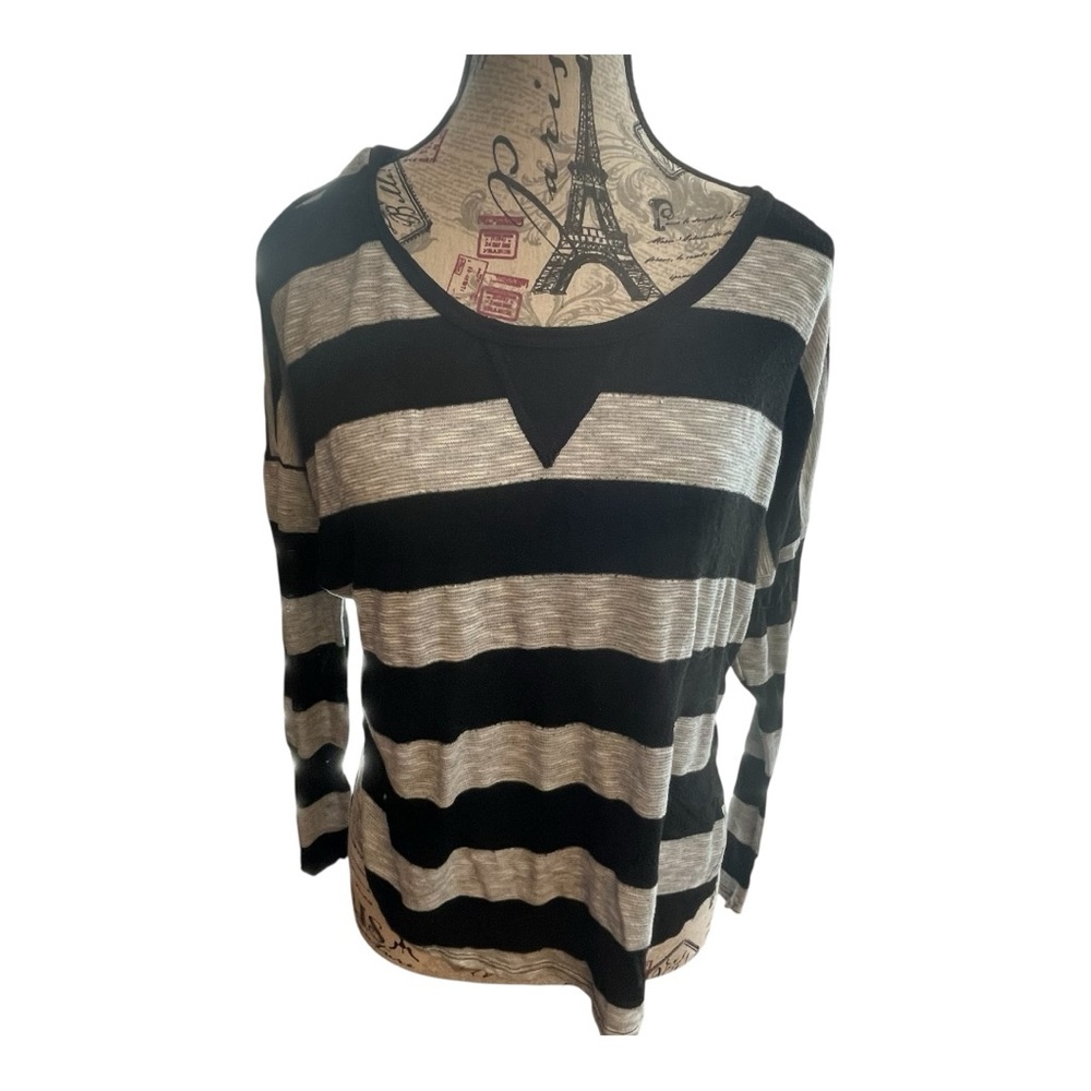 Green Envelope Black and Gray Striped Long Sleeve Top
